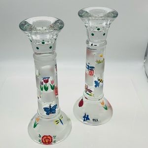 Lenox Frosted Candlestick Pair Nature’s Splendor  PKP Hand Painted Bees Flowers
